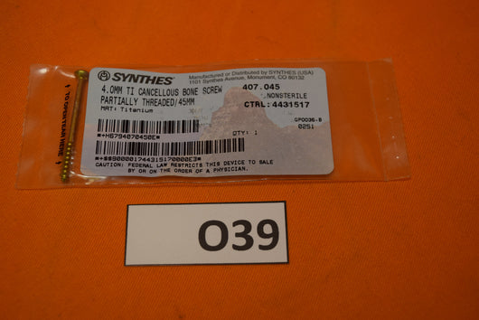 Synthes 407.045 Titanium Cancellous Bone Screw 4.0 x 45mm -NEW