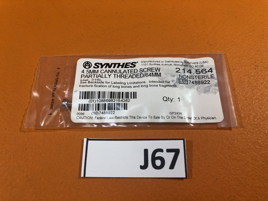 SYNTHES 214.564  4.5MM CANNULATED SCREW PARTIALLY THREADED/64MM -NEW
