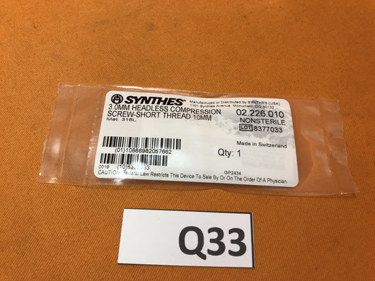Synthes 02.226.010 Headless Compression Screw 3.0 x 10mm -NEW