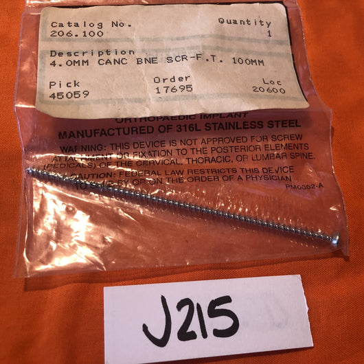 SYNTHES 206.100  4.0MM CANCELLOUS BONE SCREW FULLY THREADED 100MM