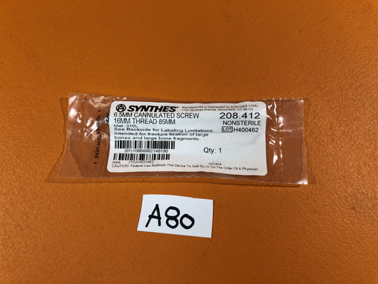 SYNTHES 208.412  6.5MM CANNULATED SCREW 16MM THREAD 85MM -NEW