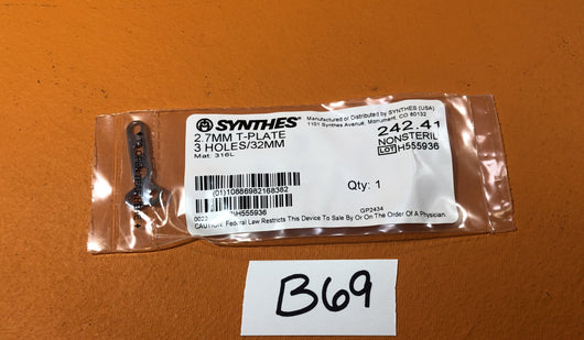 SYNTHES 242.41  2.7MM T-PLATE 3 HOLE/32MM -NEW
